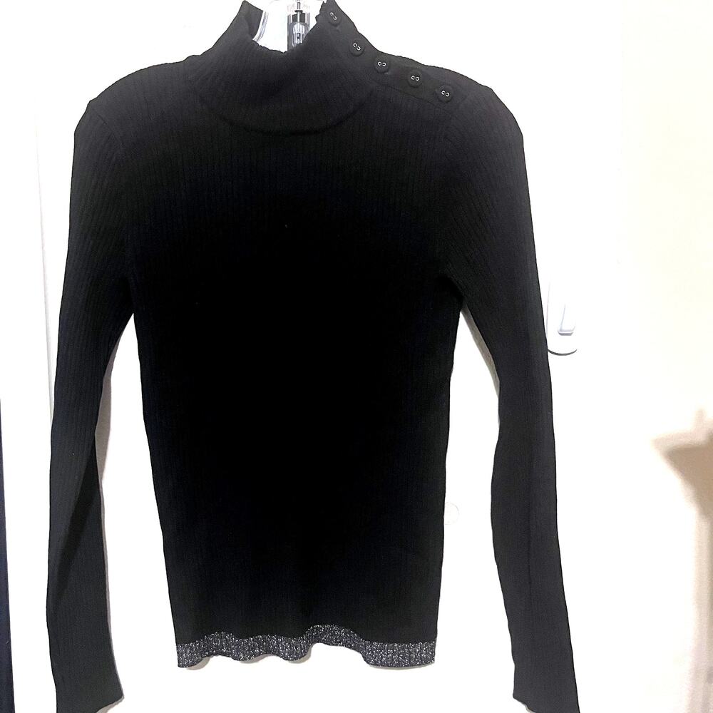 Lilla P black turtleneck sweater‎ Womens S silver glitter trim ribbed soft